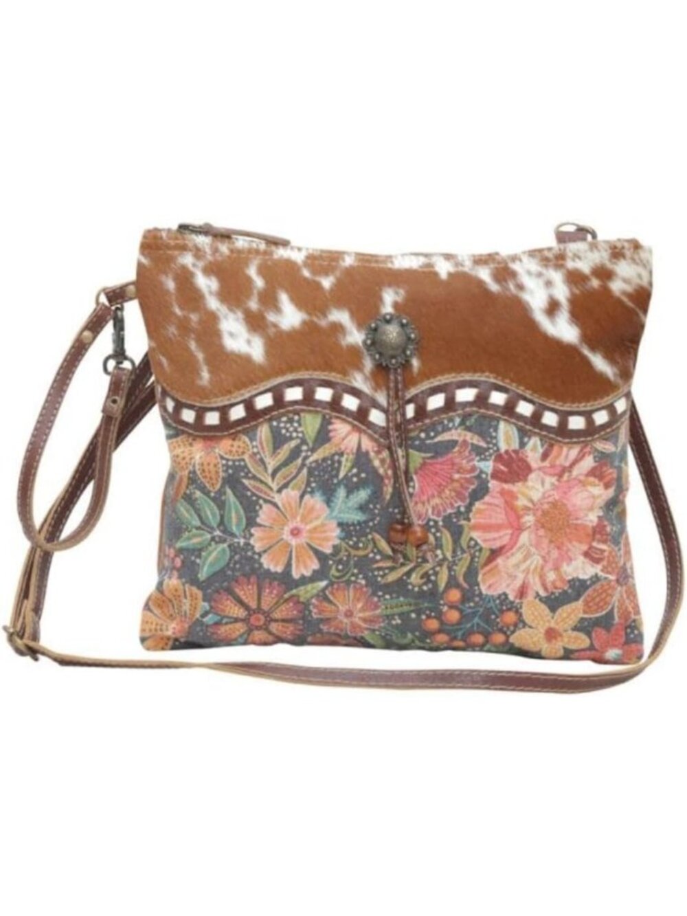Floral Cowhide Handbag for Women - Genuine Leather & Canvas Purse, Stylish Tote